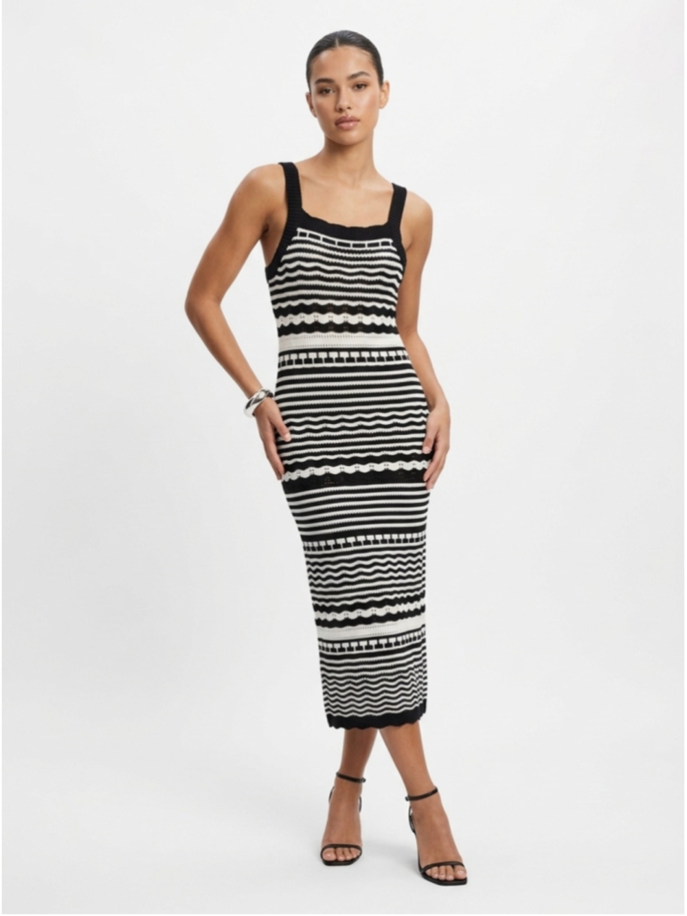 JOIE Black White Striped Crochet Knit Midi Dress Medium Coastal Chic Resortwear